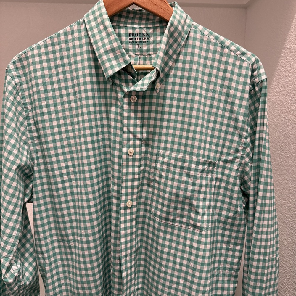 Brooks Brothers Shirt Mens L Performance Stretch Gingham Green Button Down